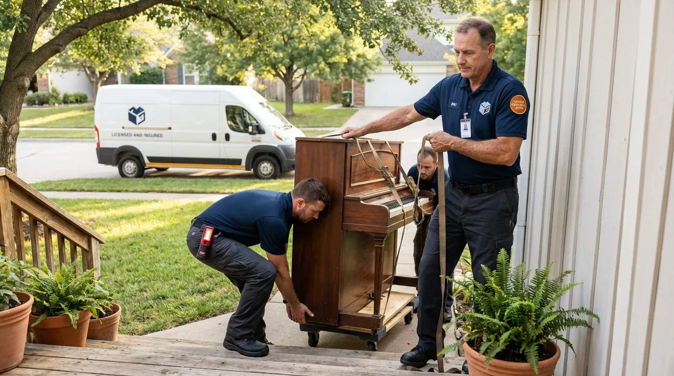 Licensed piano movers securing grand piano in Red Springs, NC