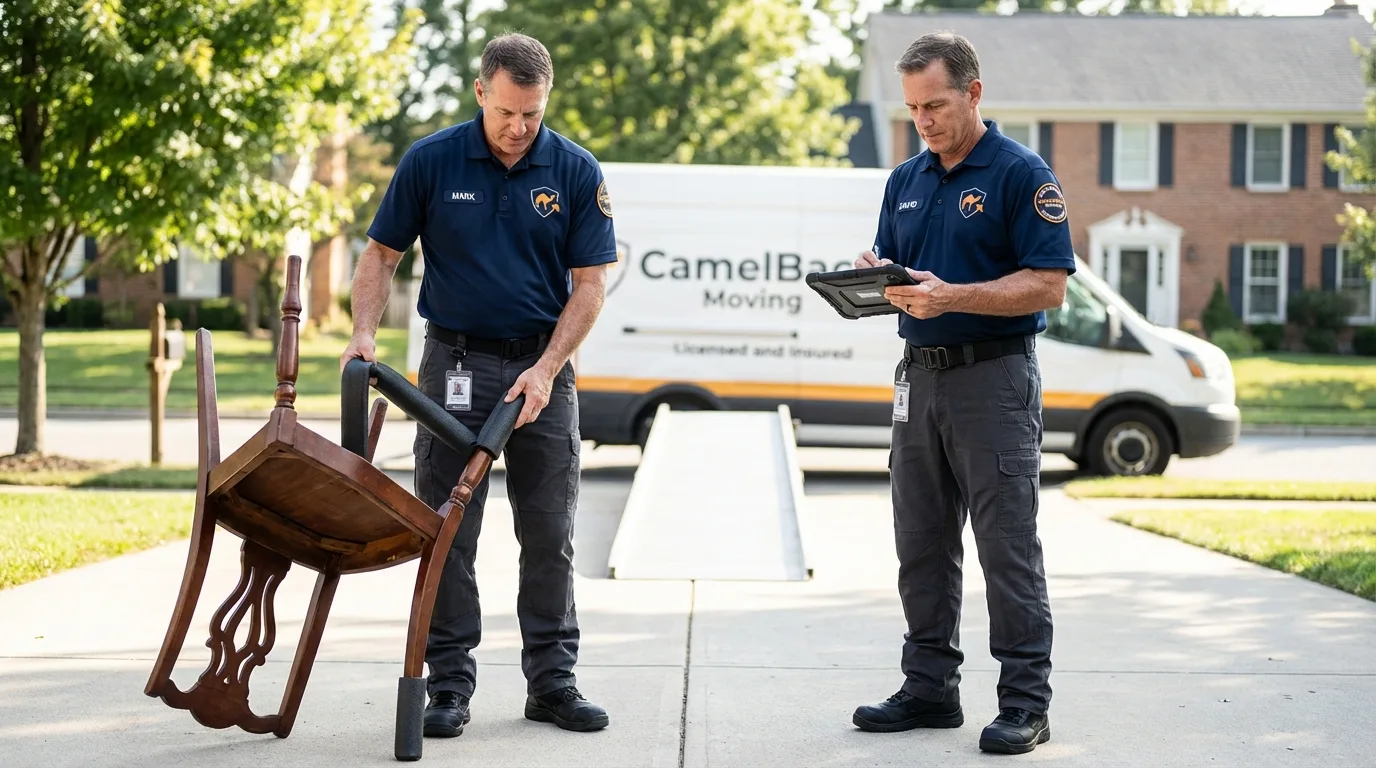 Movers inspecting furniture for damage prevention before loading in Red Springs, NC