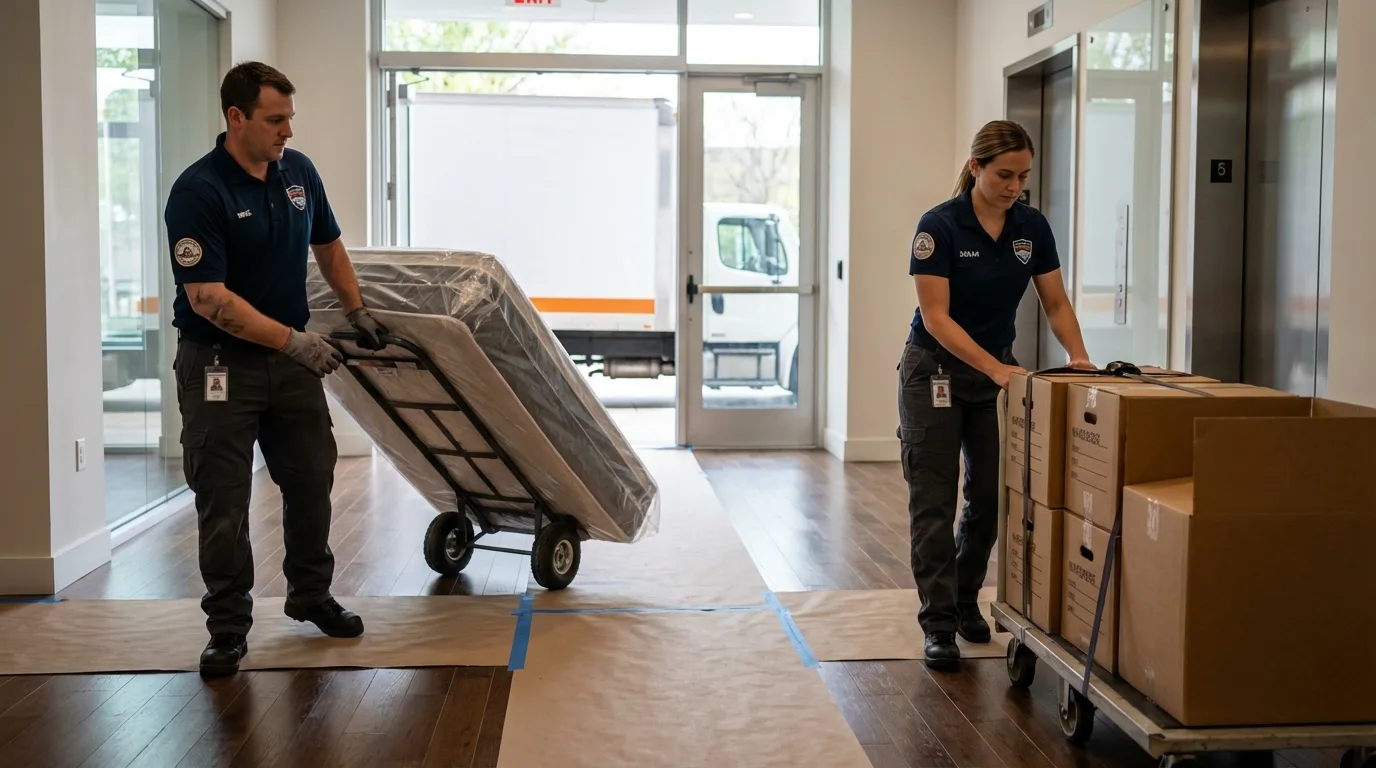 Professional apartment movers loading elevator in Red Springs, NC