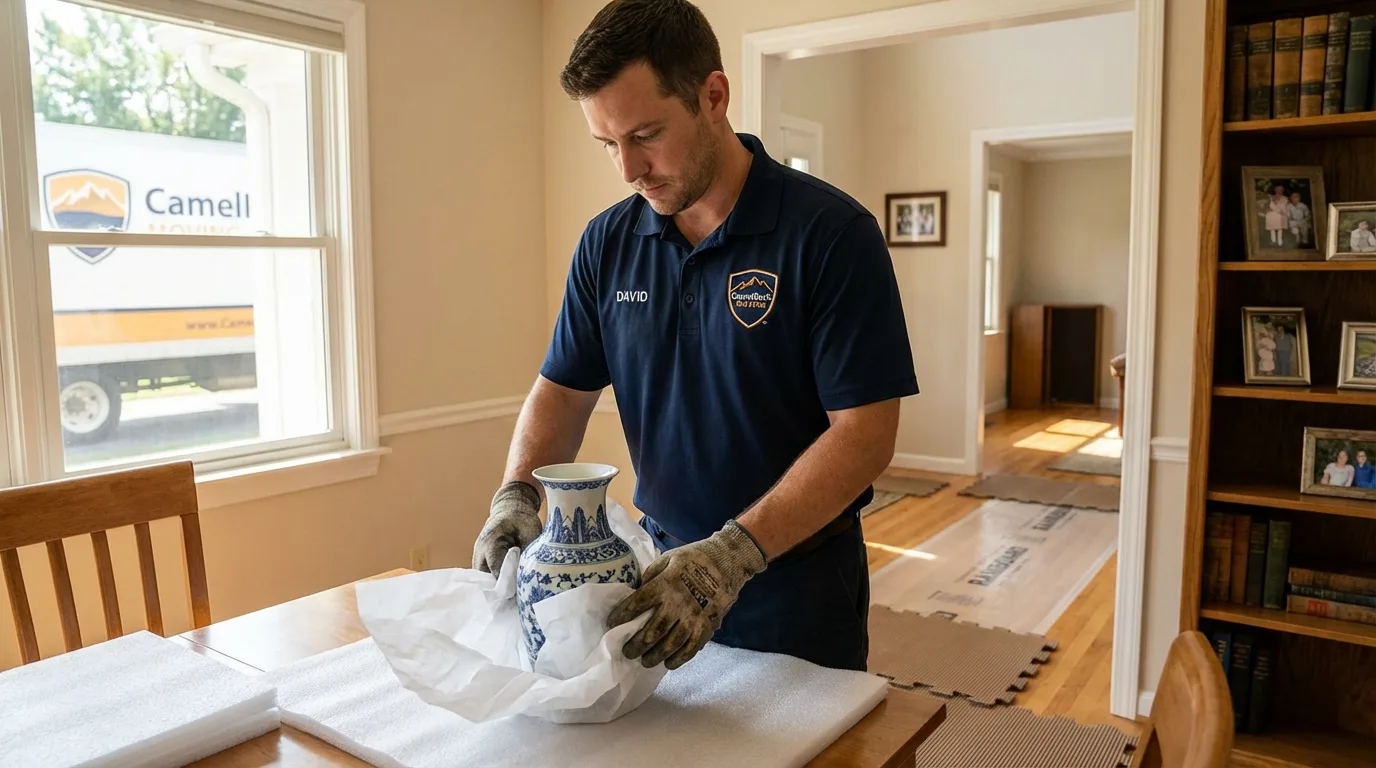 Professional crew carefully wrapping antique vase for senior downsizing move in Red Springs, NC